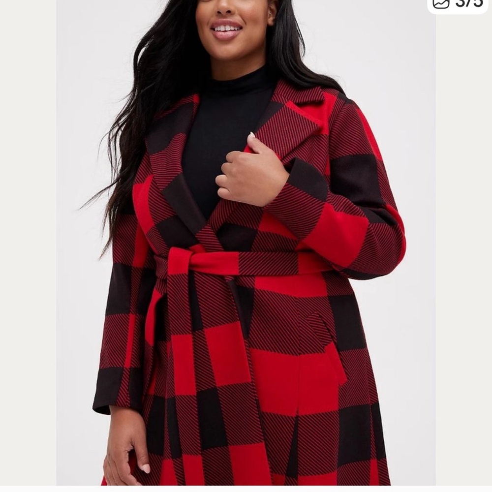 Torrid SELF-TIE FIT & FLARE LONGLINE COAT - STRETCH WOVEN PLAID RED 3 3x